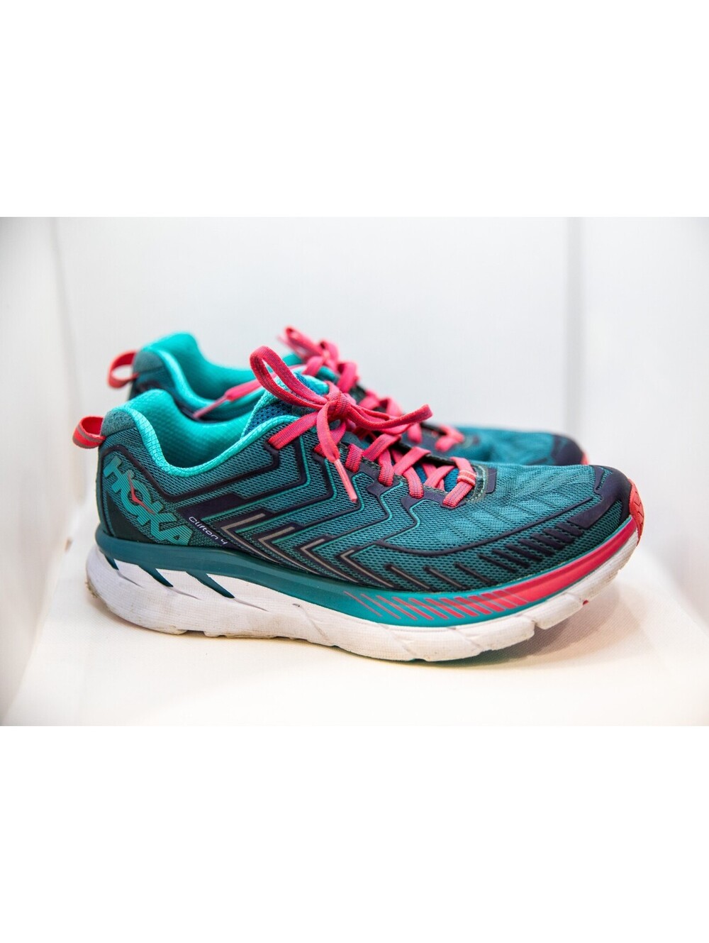 Hoka One One Clifton 4 Women US 7.5 Hiking Running Shoes Teal Green Coral D5